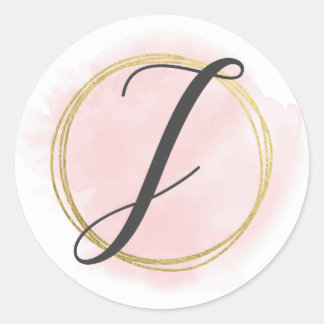 Letter J Monogram Blush Pink Watercolor Gold Chic Runder Aufkleber