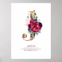 Letter J Monogram Floral Burgundy Red und Gold