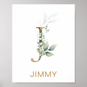 Letter J Monogram Green & gold foliing Kinderzimme Poster