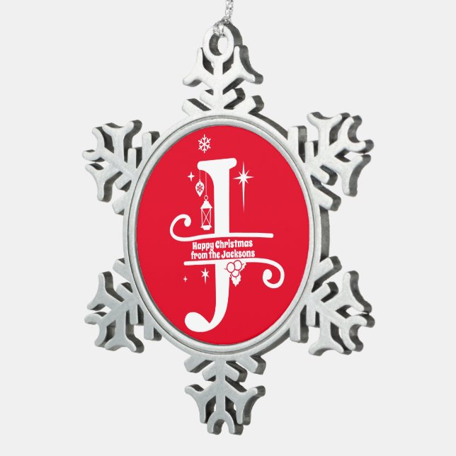 Letter J Monogram Initial Family Name Gruß Schneeflocken Zinn-Ornament (Rechts)