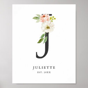 Letter J Monogram Watercolor Peach Florals Kinderz Poster