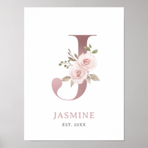 Letter J Monogram Watercolor Rose Florals Kinderzi Poster