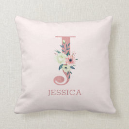 Letter J Pink Watercolor Floral Monogram Kinderzim Kissen