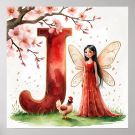 Letter J Rooster Cherry Blossom Fairy Poster Art