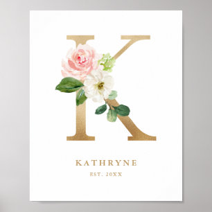 Letter K Blush Floral Monogram Gold Foil Kinderzim Poster