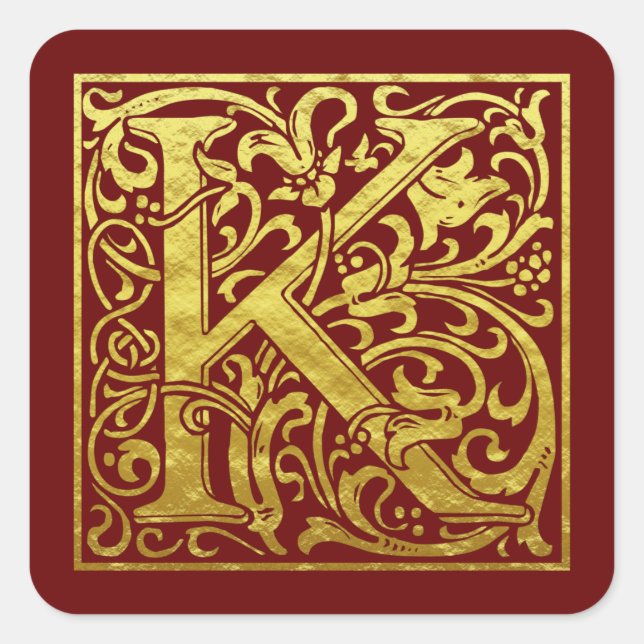 Letter K First Letter Imitats Gold Red Quadratischer Aufkleber (Vorderseite)