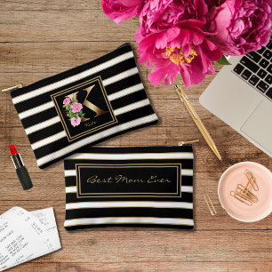 Letter K Floral Monogram Schwarz-weiße Streifen Zubehörtasche