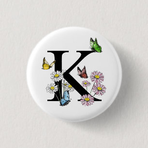 Letter K Floral Watercolor Butterfly Monogram Button