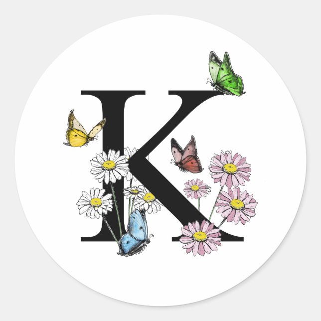 Letter K Floral Watercolor Butterfly Monogram Runder Aufkleber (Vorderseite)