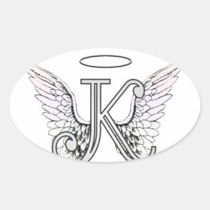 Letter K Initial Monogram mit Angel Wings & Halo Ovaler Aufkleber