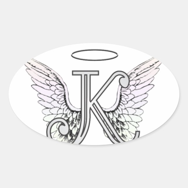 Letter K Initial Monogram mit Angel Wings & Halo Ovaler Aufkleber (Vorderseite)