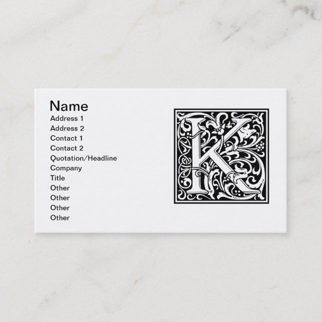 Letter K Medieval Monogram Art Nouveau Visitenkarte (Vorderseite)