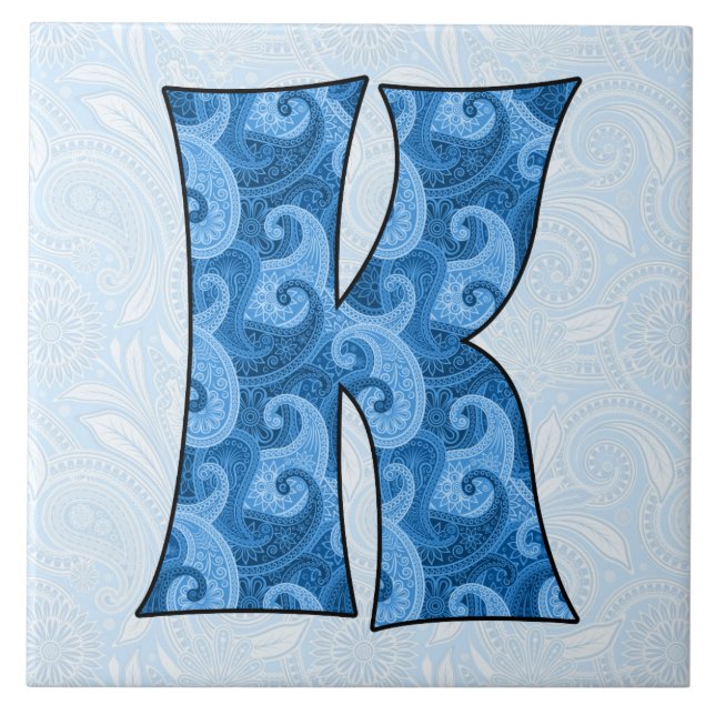 Letter K - Mit Monogramm blaues Paisley, 1,5 cm Ti Fliese (Vorderseite)