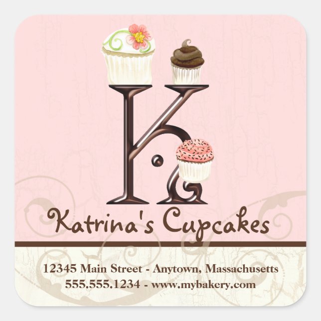 Letter K Monogram Cupcake Initial Art Business Quadratischer Aufkleber (Vorderseite)