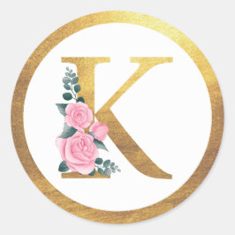 Letter K Monogram Pink Roses Floral & Elegante Gol Runder Aufkleber