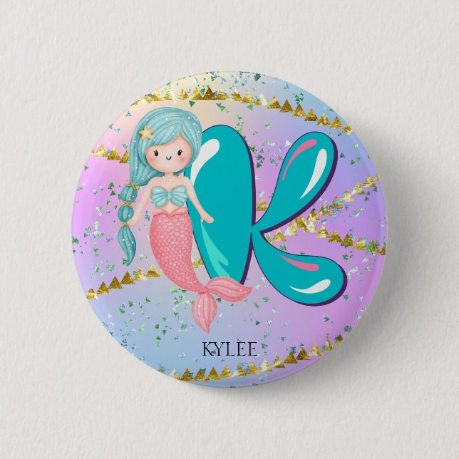 Letter K Monogram Watercolor Niedlich Mermaid Kind Button (Vorderseite)