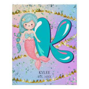 Letter K Monogram Watercolor Niedlich Mermaid Kind Poster