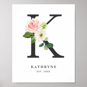 Letter K Monogram Watercolor Peach Florals Kinderz Poster