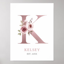 Letter K Monogram Watercolor Rose Florals Kinderzi Poster