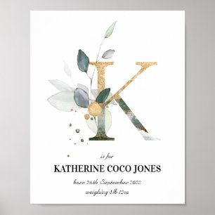 Letter K New Baby Monogram Birth Print Green Poster