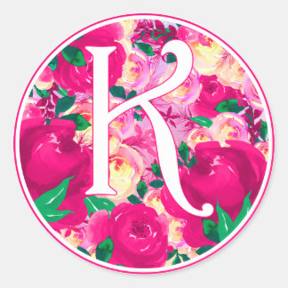 Letter K Pink Watercolor Floral Circle Monogram Runder Aufkleber