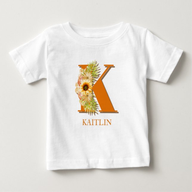 Letter K Sunflower Monogram with Name Baby T-shirt (Vorderseite)