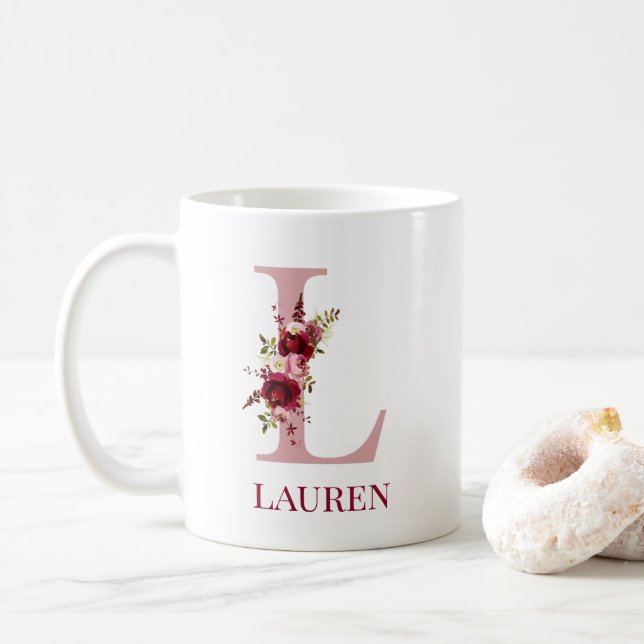 Letter L Burgundy Blush Floral Kaffeetasse (Mit Donut)