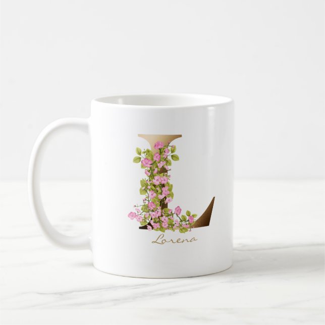 Letter L Gold Monogram | Rosa Kirschblüten Kaffeetasse (Links)
