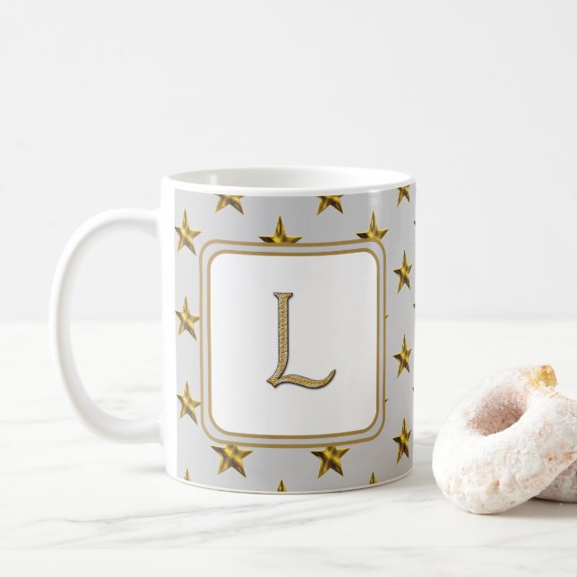 Letter L Gold Silver Stars Accent Monogram Initial Kaffeetasse (Mit Donut)