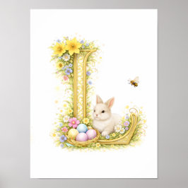 Letter L Gold Spring Nature Monogram White Bunny Poster