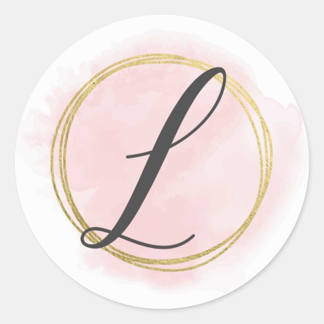 Letter L Monogram Blush Pink Aquarell Gold Chic Runder Aufkleber (Vorderseite)