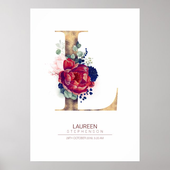 Letter L Monogram Floral Navy Blue und Burgundy Poster (Vorne)