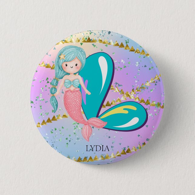Letter L Monogram Watercolor Niedlich Mermaid Kind Button (Vorderseite)
