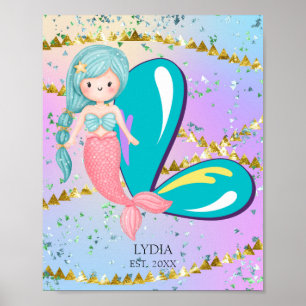 Letter L Monogram Watercolor Niedlich Mermaid Kind Poster