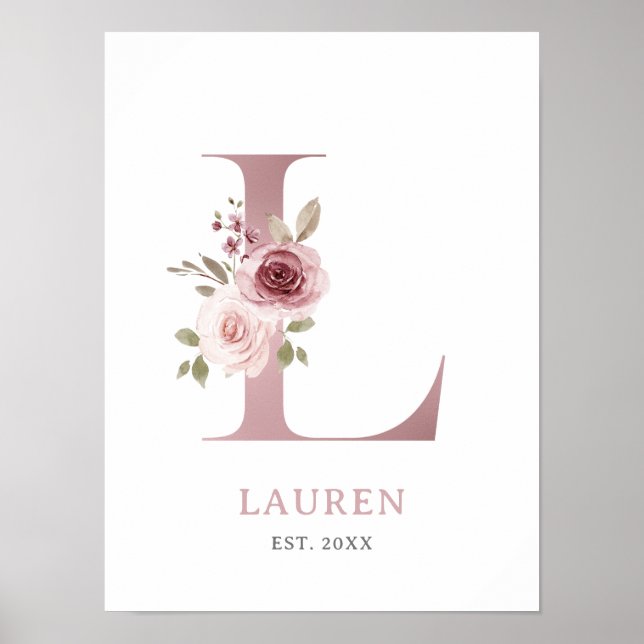 Letter L Monogram Watercolor Rose Florals Kinderzi Poster (Vorne)
