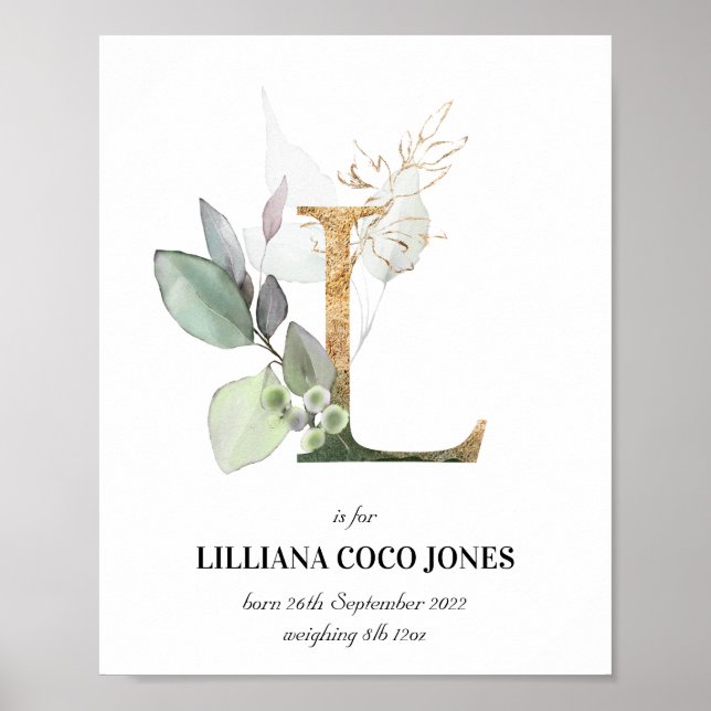 Letter L New Baby Monogram Birth Print Greenery Poster (Vorne)
