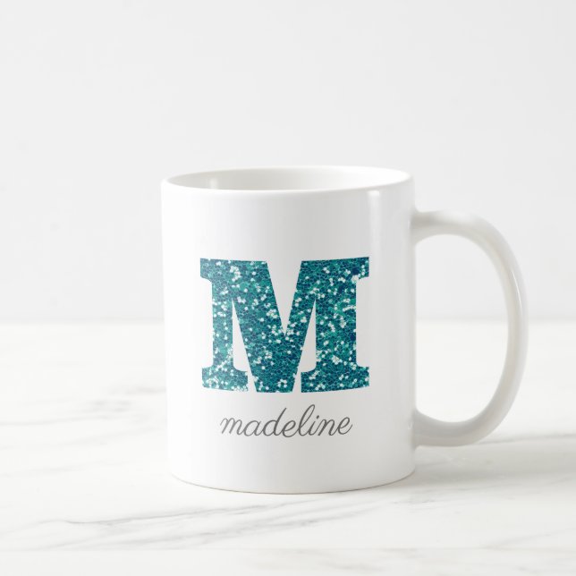 Letter M Aqua Blue Glitzer Persönliche Umarmung Kaffeetasse (Rechts)