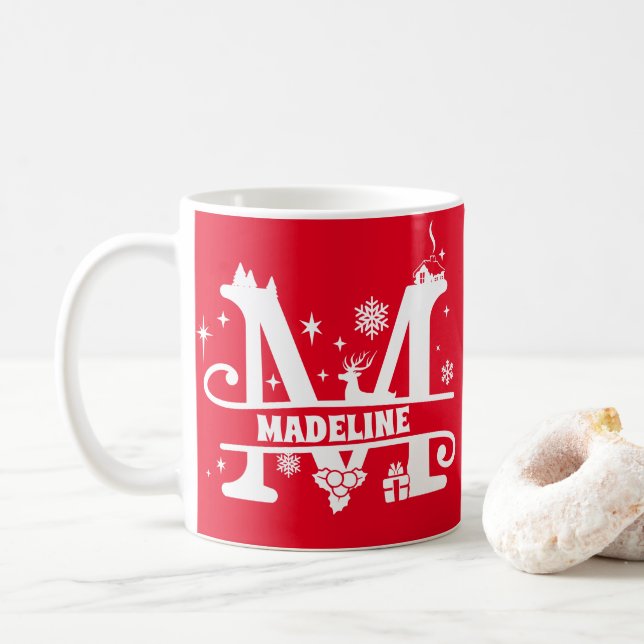 Letter M Christmas Monogram, Anfangsname Rot   Kaffeetasse (Mit Donut)