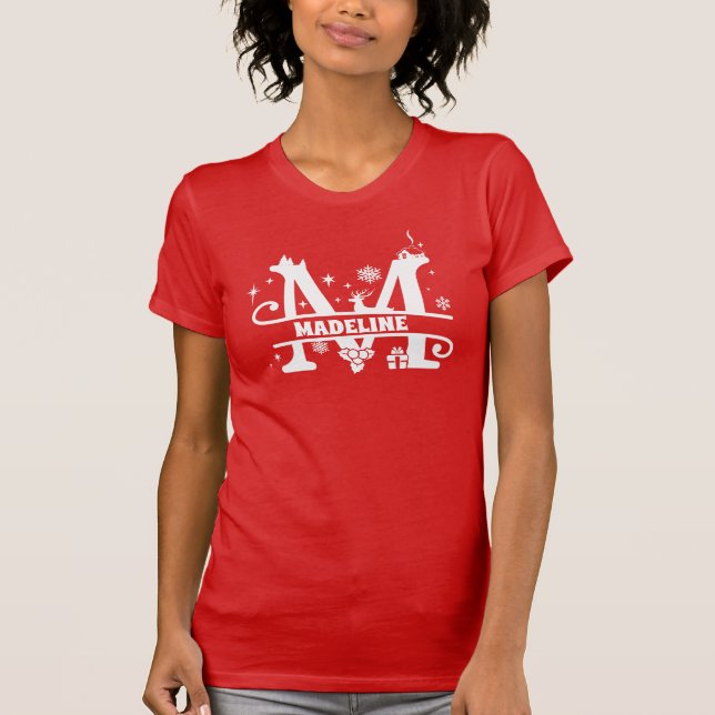 Letter M Christmas Monogram, Anfangsname Rot T-Shirt (Vorderseite)