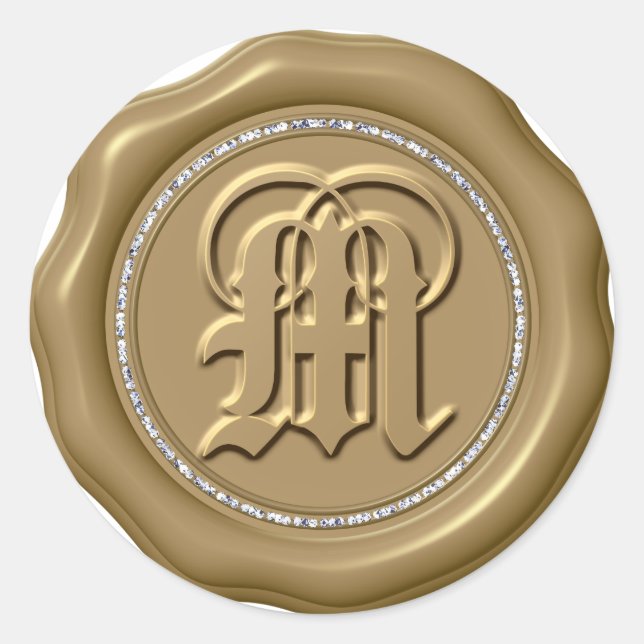 *~* Letter M Diamond Circle GOLD Wax Siegel Sticke Runder Aufkleber (Vorderseite)