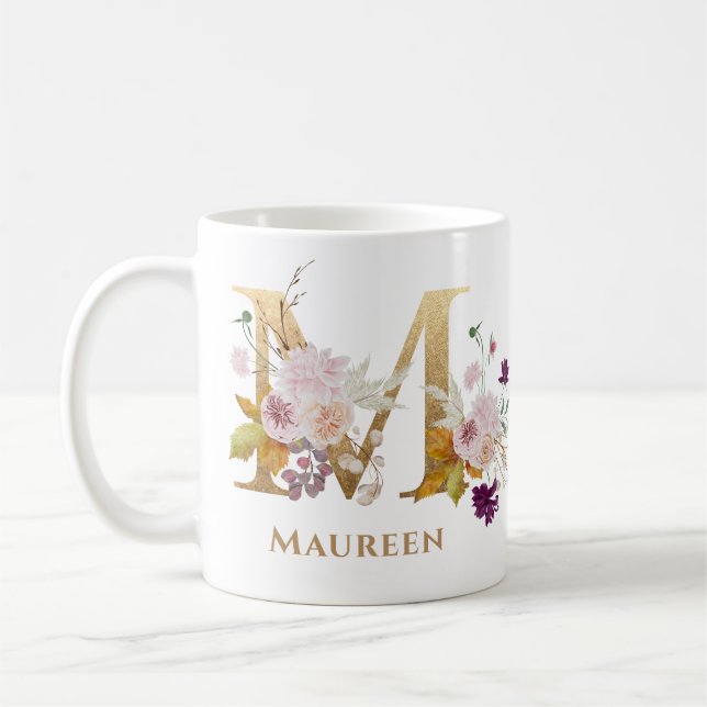 Letter m - Gold Floral Name Schwesterkollege Freun Kaffeetasse (Links)