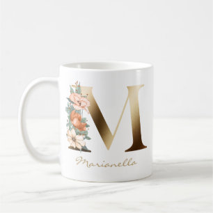Letter M Gold Monogram Burnt Orange Florals Kaffeetasse