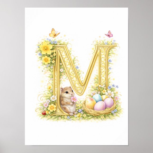 Letter M Gold Spring Nature Monogram Chipmunk Kids Poster (Vorne)