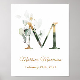 Letter M Green & gold foliage Baby Birth Poster
