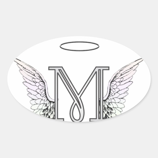 Letter M Initial Monogram mit Angel Wings & Halo Ovaler Aufkleber (Vorderseite)