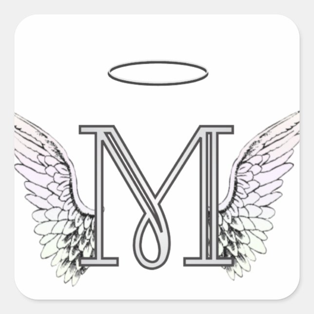 Letter M Initial Monogram mit Angel Wings & Halo Quadratischer Aufkleber (Vorderseite)