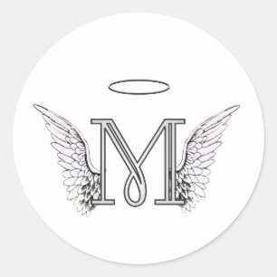 Letter M Initial Monogram mit Angel Wings & Halo Runder Aufkleber