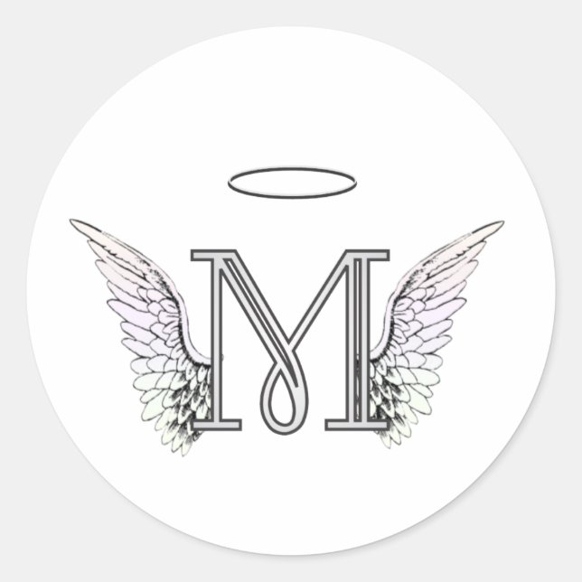 Letter M Initial Monogram mit Angel Wings & Halo Runder Aufkleber (Vorderseite)