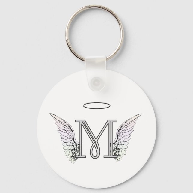 Letter M Initial Monogram mit Angel Wings & Halo Schlüsselanhänger (Vorderseite)