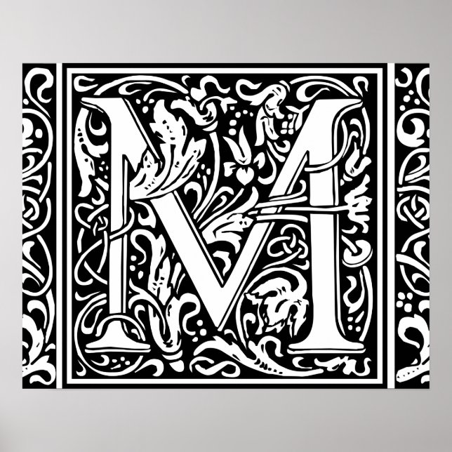 Letter M mittelalterliche Monogram Art Nouveau Poster (Vorne)